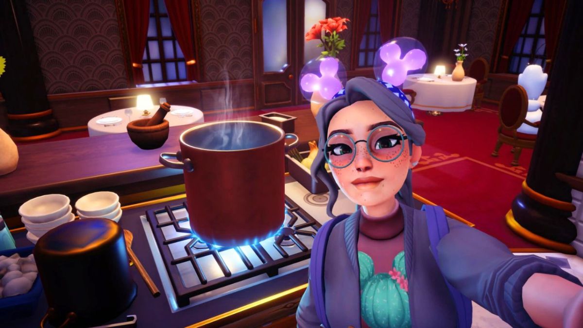 Girl next to a boiling pot in a kitchen in Disney Dreamlight Valley