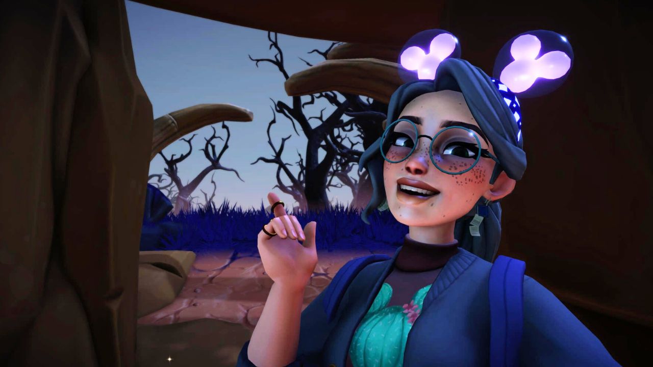 Girl pointing to hill entrance to the Forgotten lands biome in Disney Dreamlight Valley