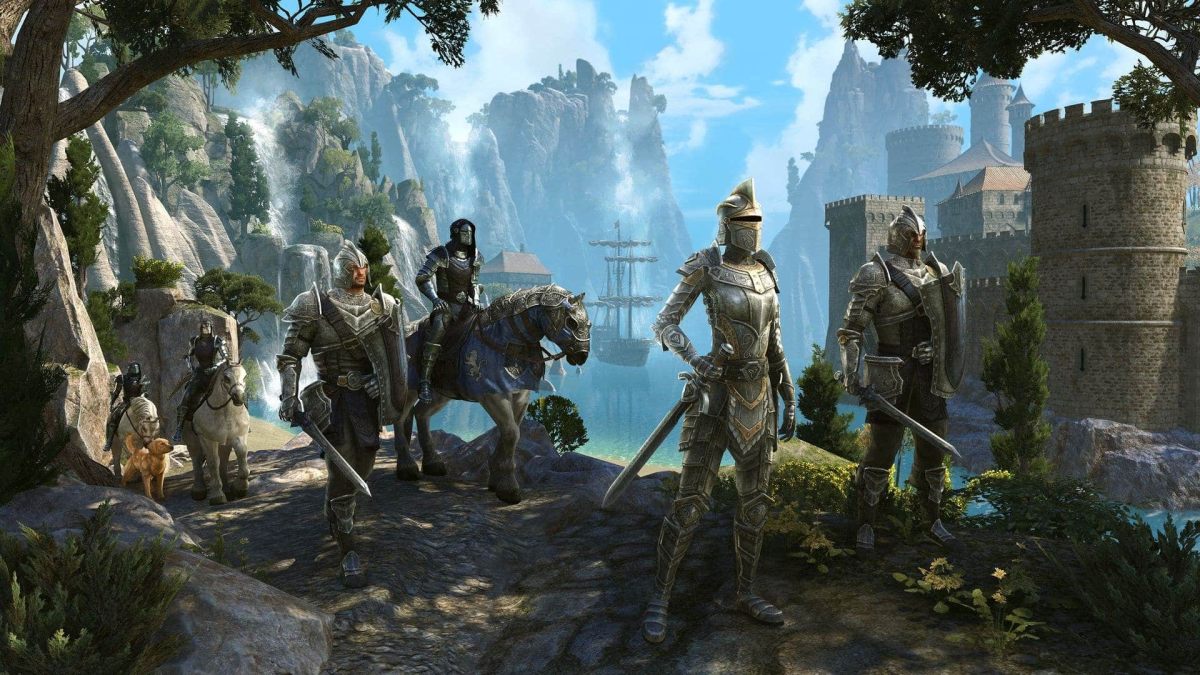 Six heroes in adorned silver armor and fully equipped with weapons stand gallantly on a cliff with a castle and mountains in the background.