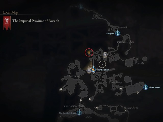 A map of the Martha's Rest local map with a marker and red circle around Sekhret's location in Greensheaves in Final Fantasy 16.