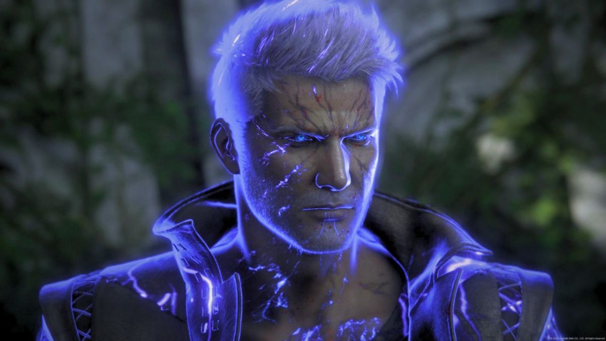 Man with short hair glowing purple next to rocks in Final Fantasy 16