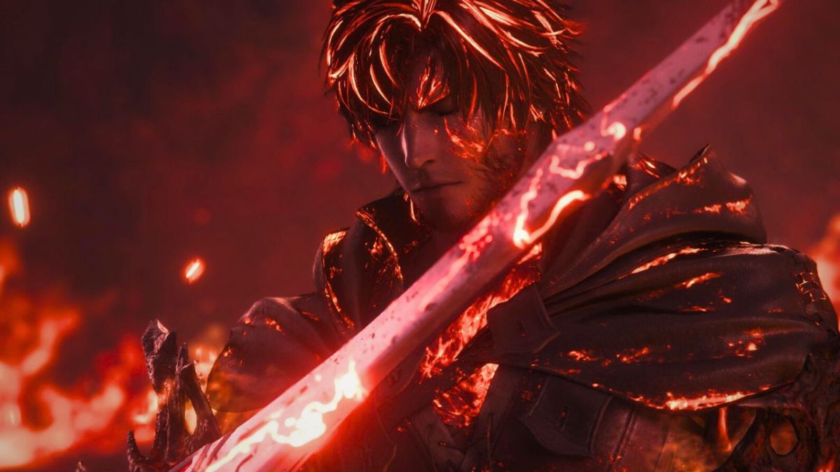 Clive calmly holds a fiery sword in Final Fantasy 16