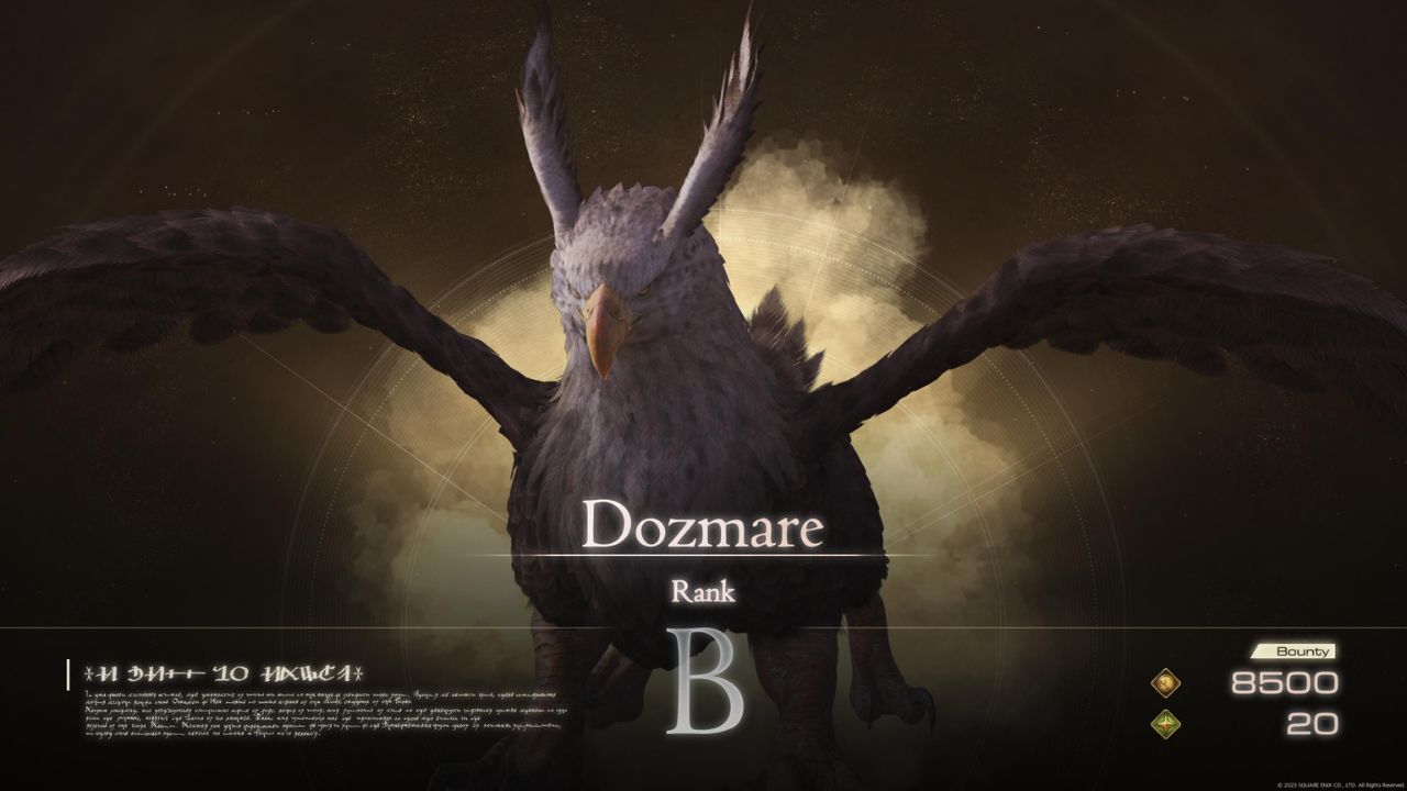 A feathery bird displaying his name and difficulty ranking in Final Fantasy 16