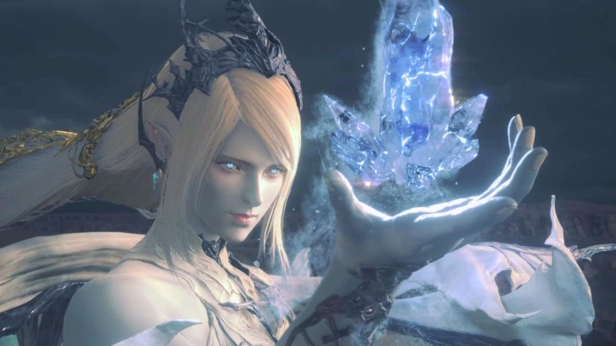 Light haired woman wearing crown with glowing eyes and ice in her hand in Final Fantasy 16.