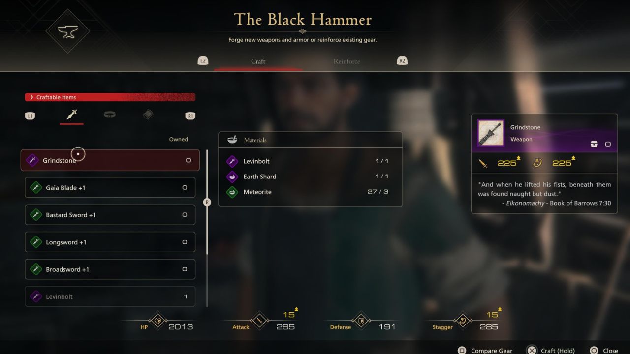 Icon and list of materials needed to craft the weapon Grindstone in Final Fantasy 16