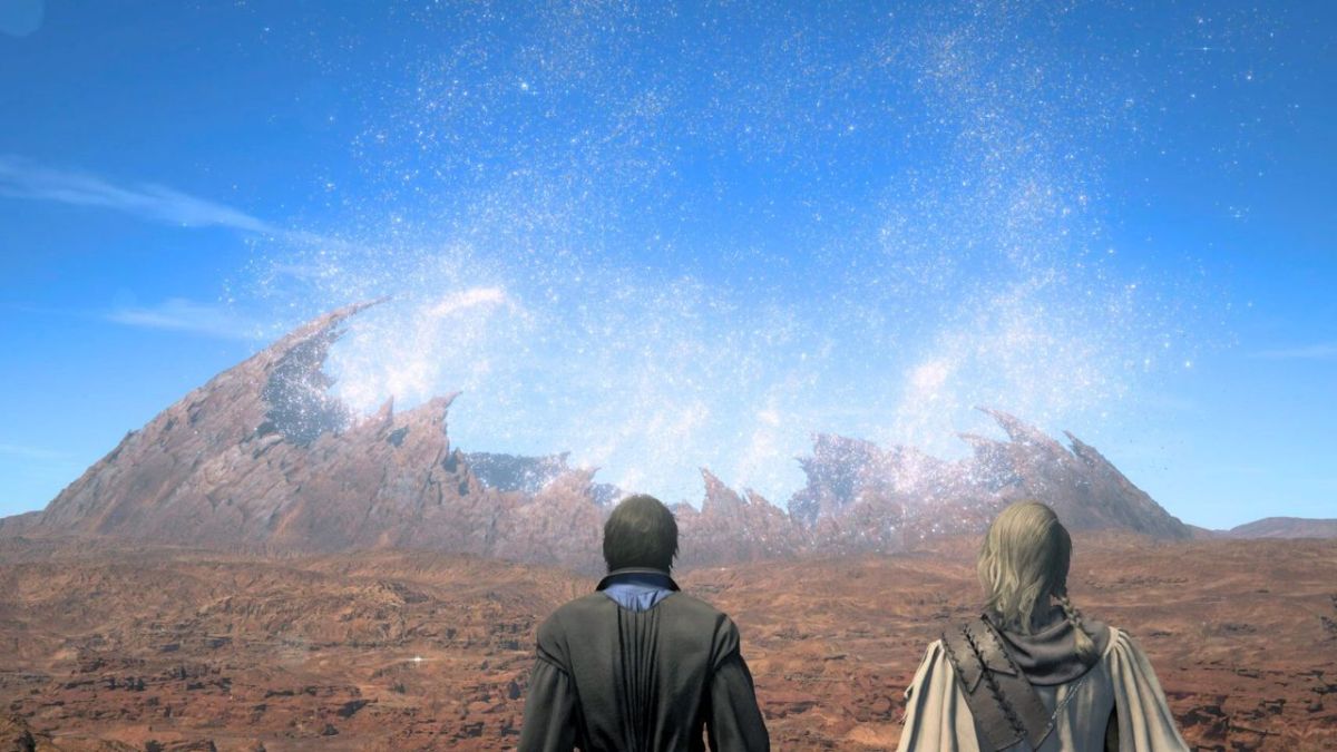 Two men staring at a destroyed mountain under a shimmering sky in Final Fantasy 16