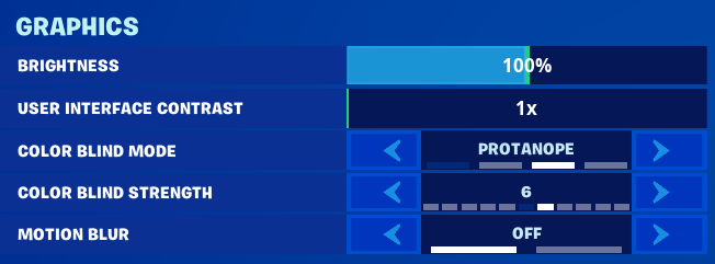 Screenshot of Fortnite's Graphics settings, with colorblind mode set to Protanope, and strength set to 6. 