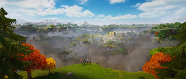 Fortnite characters overlooking a huge crater in the middle of the island, with trees and a temple inside.