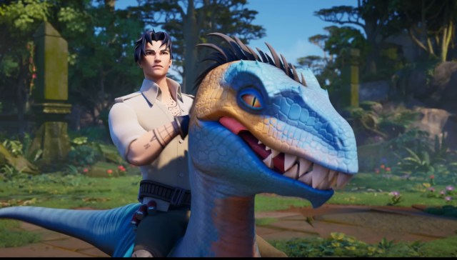 Fortnite character sitting on the back of a raptor.