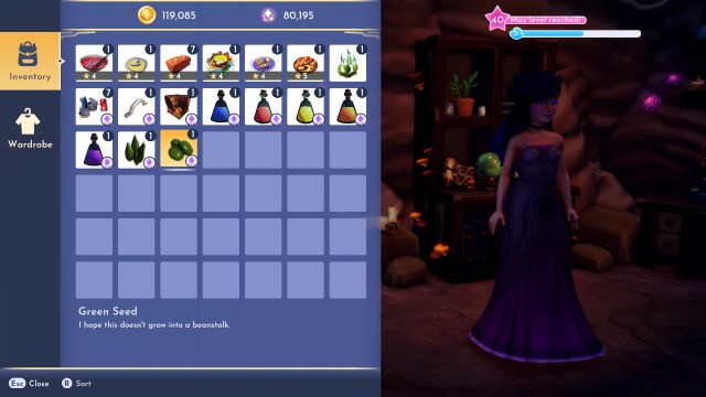 The players inventory open and hovering over the Green Seed item that can be grown into the Green Potato.