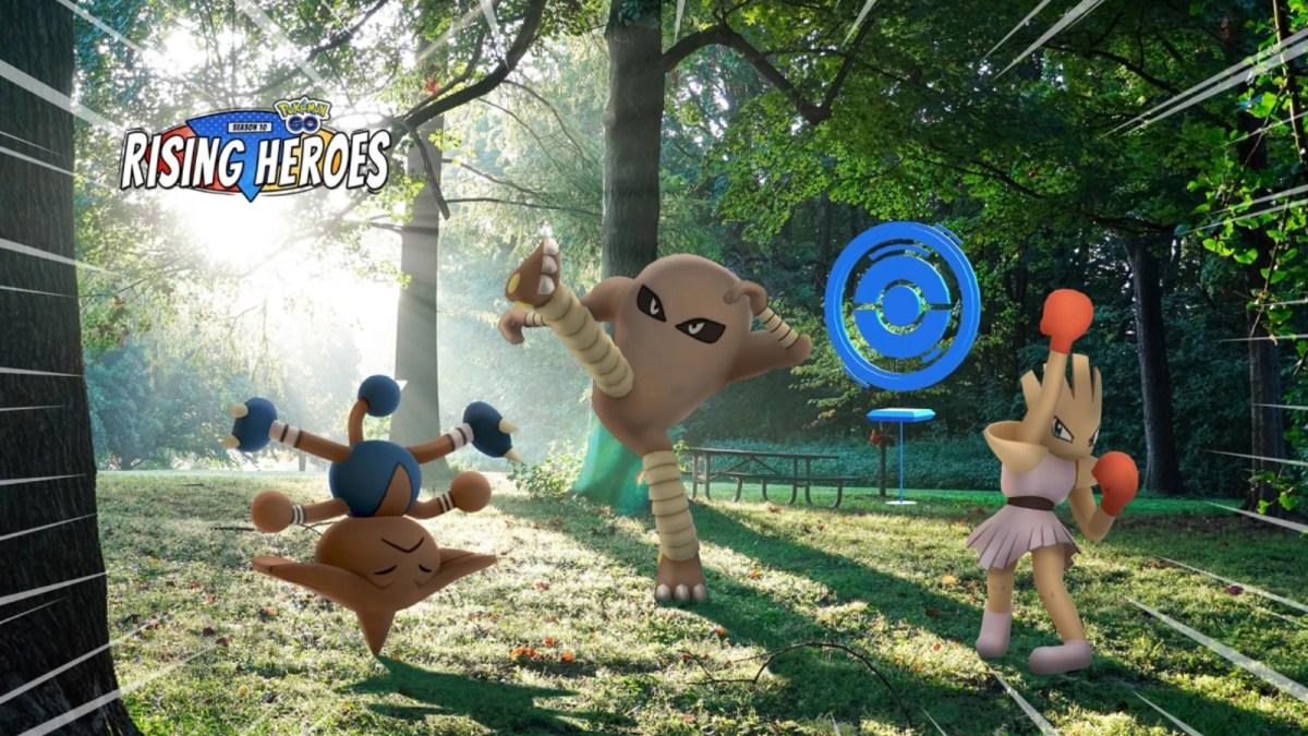 Hitmonlee, Hitmonchan, and Hitmontop using their abilities in Pokémon Go.