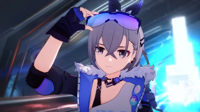 Silver Wolf holding the holographic glasses on top of her head and slightly smiling.