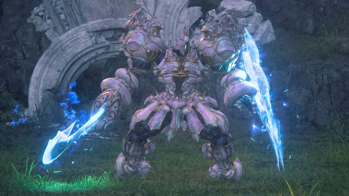 Giant stone man with glowing swords in Final Fantasy 16