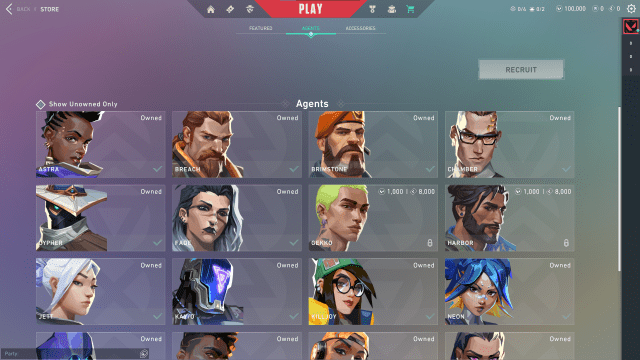 A screenshot of the Agent Store in Valorant showing how much agents cost in both Valorant Points and Kingdom Credits.