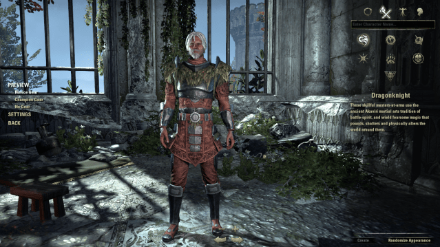 A Dragonknight Breton wearing Novice Gear creation menu in ESO.