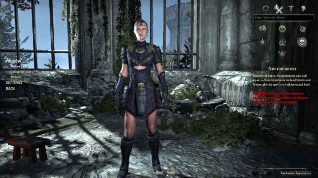 A Necromancer Nord wearing Novice Gear in the character creation menu in ESO.