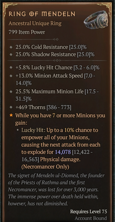 The tooltip for a Level 75 Ring of Mendeln in Diablo 4