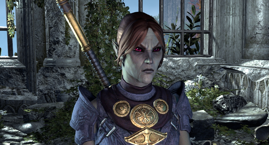 A Sorcerer Dark Elf wearing the Champion Gear in the character creation menu in ESO.