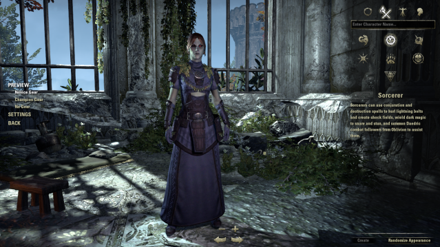 A Sorcerer Dark Elf wearing the Novice Gear in the character creation menu in ESO.