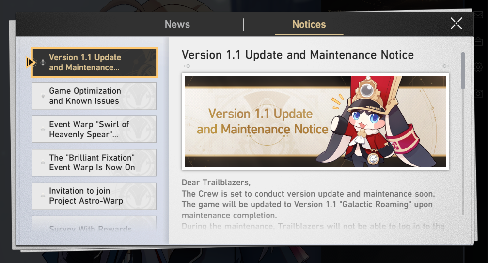 Version 1.1 Update and Maintenance Notice in Honkai: Star Rail