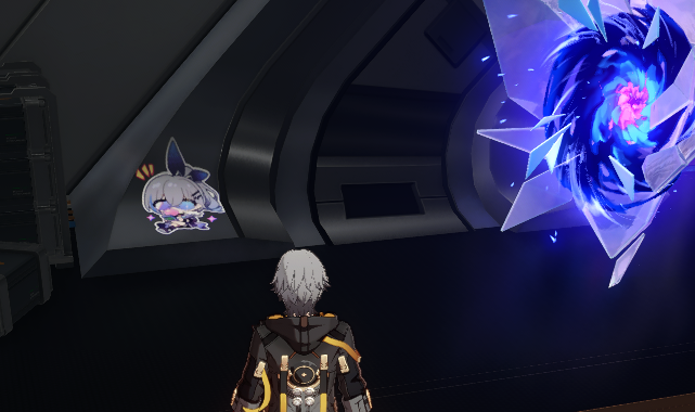 Chibi Silver Wolf graffiti on the wall in Honkai: Star Rail's Starhunt Arcade game.