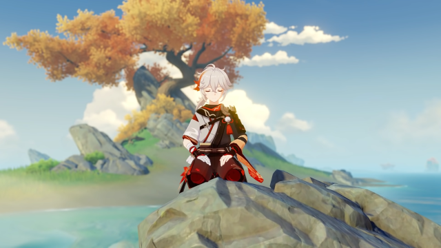 Kazuha kneeling on a rock in the water meditating.