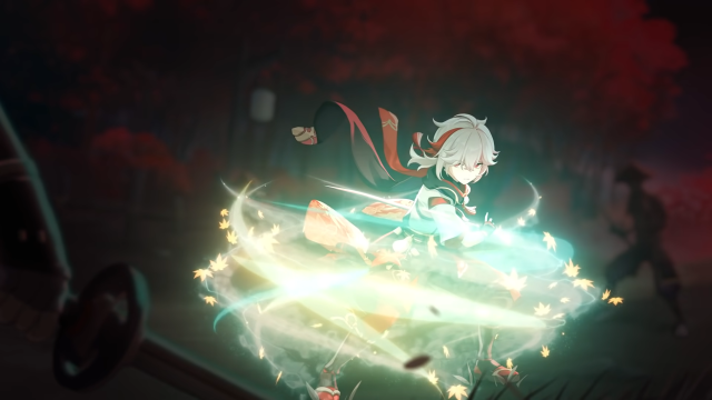 Kazuha getting ready to strike while surrounded by Anemo during battle.