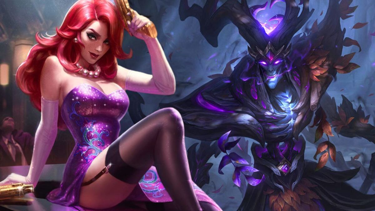 Woman with long red hair wielding gun and wooden man with glowing eyes in League of Legends