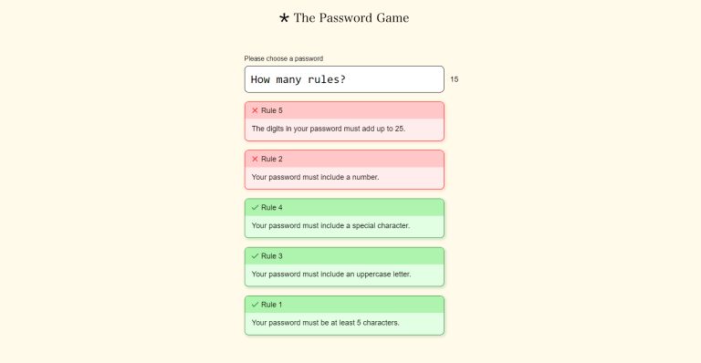 A screenshot of the password game, rules one to five.