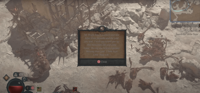 Image of the Bloodied Note to start the Litte Tuya quest in Diablo 4.