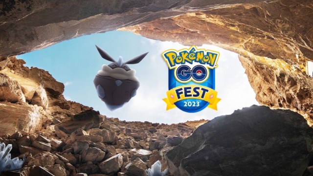 carbink looking down a hole next to the pokemon go fest 2023 logo