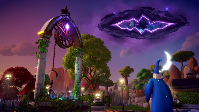 Merlin looking up at the sky where a portal to the other world is opening.