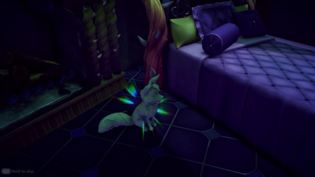 The stone fox statue turning into the Rainbow Fox companion.