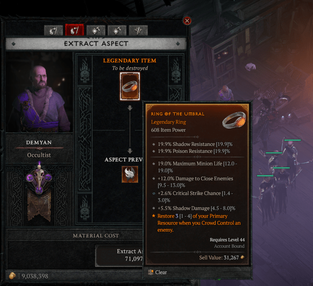 A Ring of the Umbral about to be destroyed at the Occultist, in order to salvage its Aspect in Diablo 4.