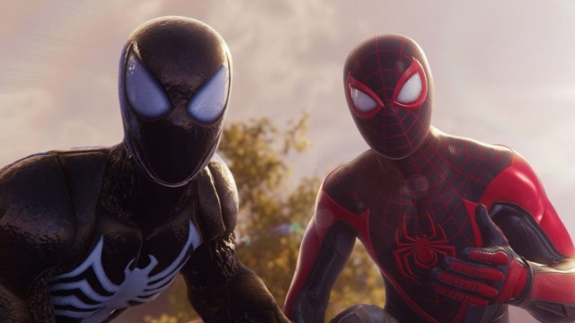 Peter Parker wears the black Spider-Man suit alongside Miles Morales.