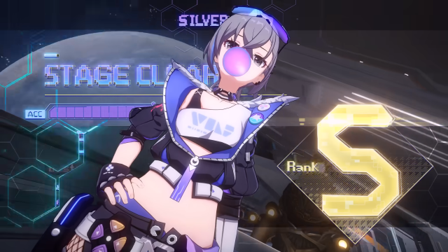Silver Wolf chewing bubblegum and blowing a bubble after winning the game she was playing and achieving rank S.