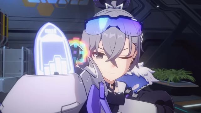 Silver Wolf holding an arm gun and preparing to shoot it with one eye closed.