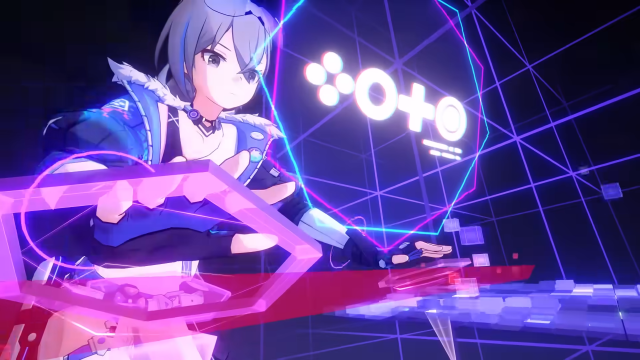 Silver Wolf typing on a holographic keyboard while using her Ultimate move.