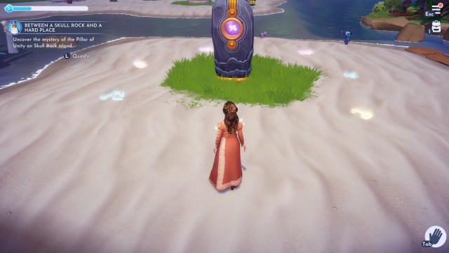 The player standing by the symbols around the Pillar of Unity.
