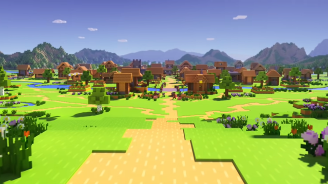 A path leading to a village in the distance in Minecraft.