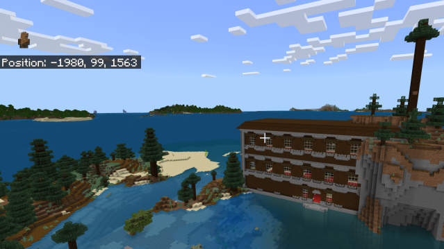 A strange woodland mansion in the middle of water in Minecraft.