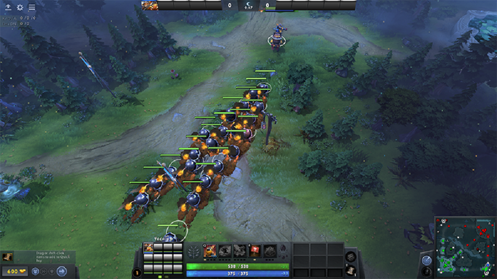 An image of the Sticky Bomb bug where several Techies' Sticky Bombs are generated and moving in Dota 2.