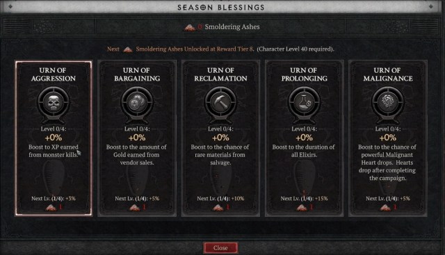 The seasons blessings window in Diablo 4, showing four urns to upgrade with Smoldering Ashes for additional boosts.