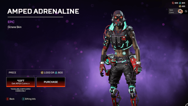 The Amped Adrenaline Octane skin, a dark grey skin with red and glowing light blue highlights.