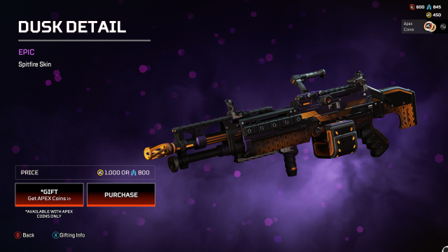 The Dusk Detail Spitfire skin, a black skin with a pulsing red and orange pattern on the barrel, stock, magazine, and grip.