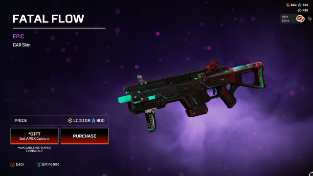 The Fatal Flow CAR skin, which gives the CAR a dark red look and glowing green details on the muzzle and stock.