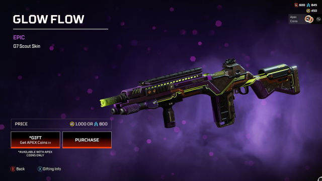 The Glow Flow G7 Scout skin, a dark skin with purple details and glowing yellow lines along the barrel.