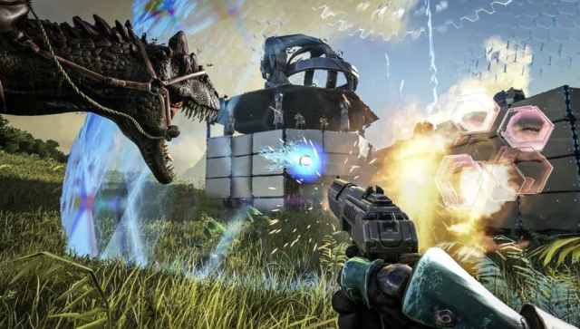 A dinosaur wearing a bridle sticks his head out on the left side of the screen while the main character shoots a barrier.