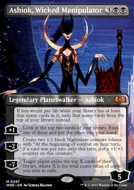 Image of Ashiok by throne in dreams through Wilds of Eldraine MTG set