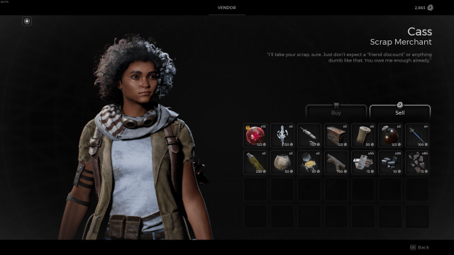 The menu screen for Cass, one of the vendors in Remnant 2, showing all the items the player can sell.